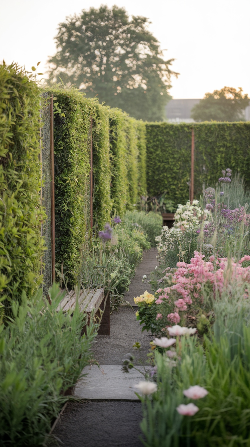 A garden pathway lined with living fences and colorful flowers, featuring benches for seating.