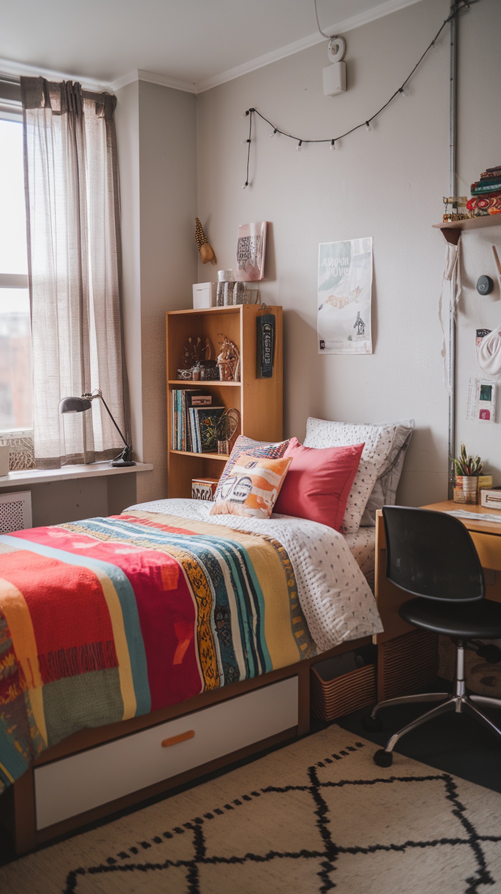 A colorful and cozy dorm room bed with vibrant bedding and decorative pillows.