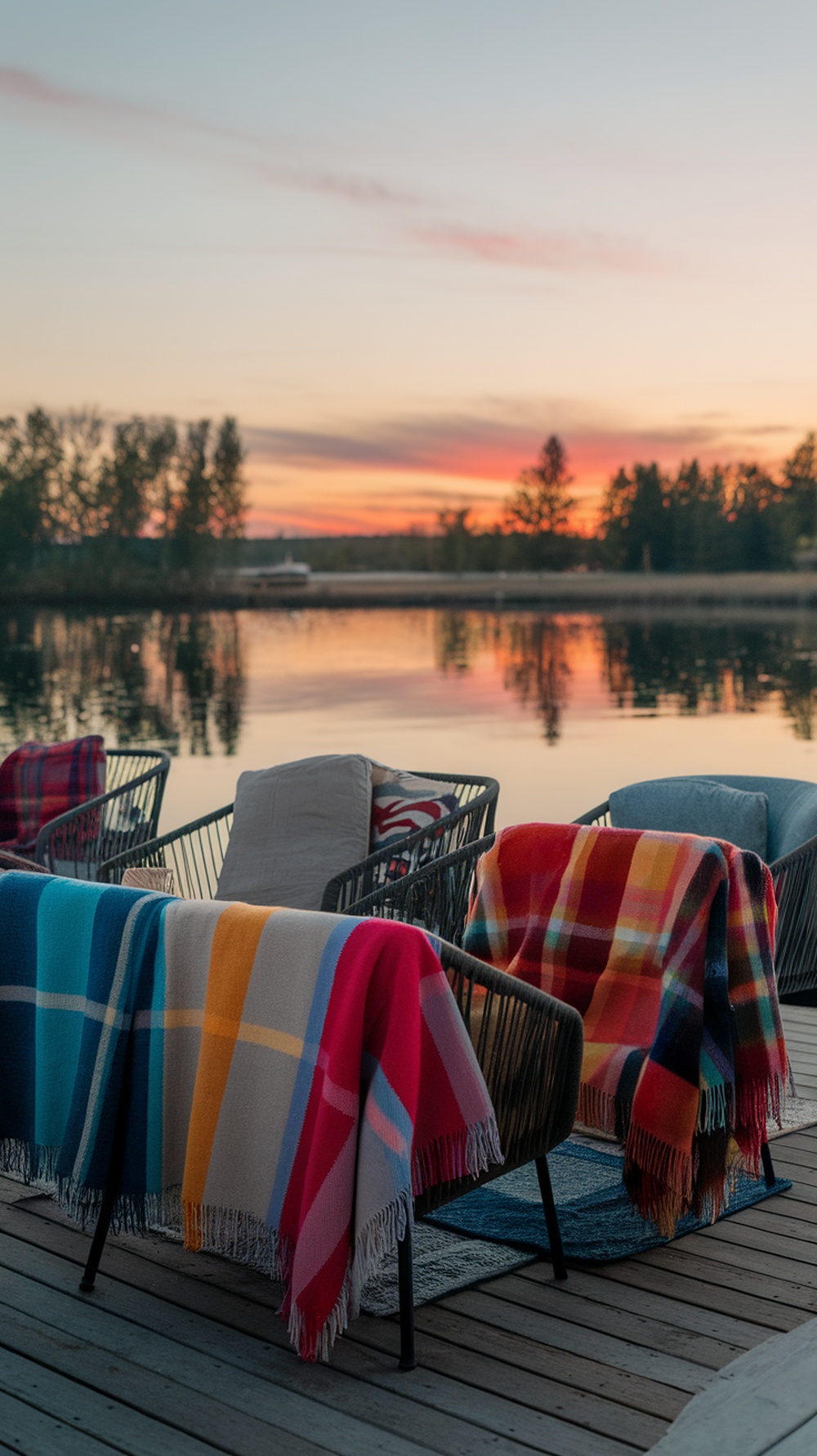 Colorful blankets draped over chairs by a lakeside during sunset.