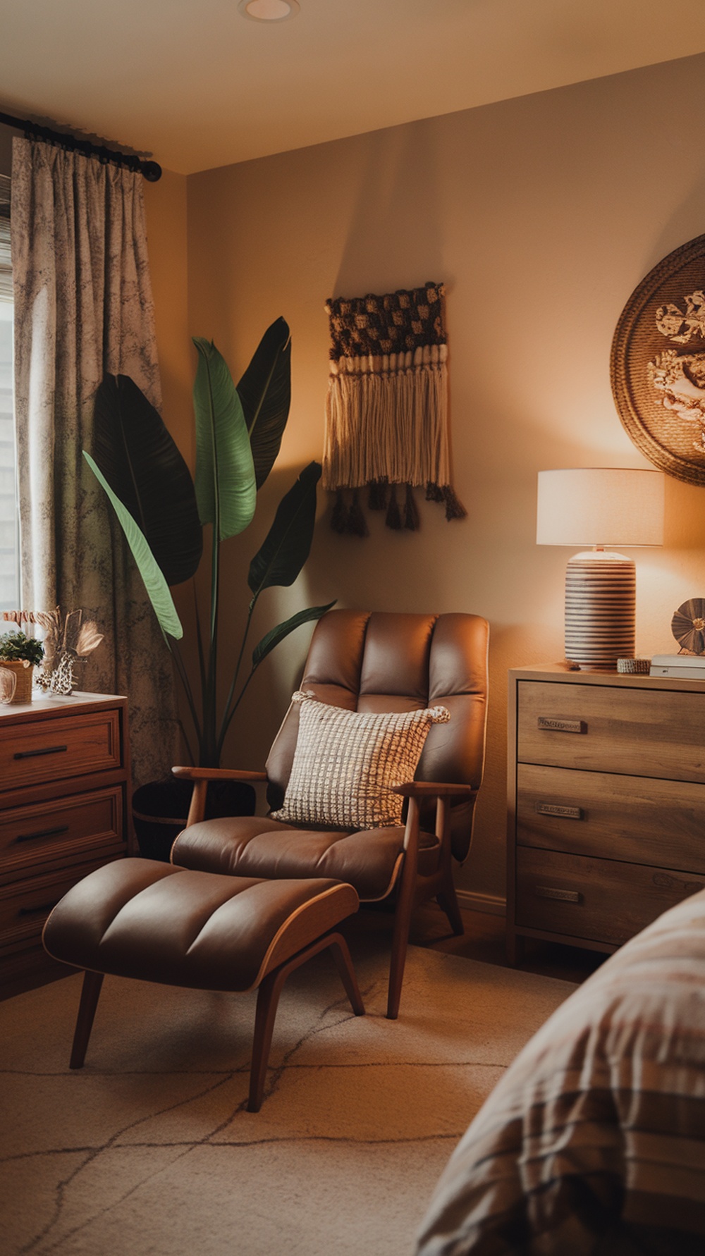 A cozy brown leather lounge chair with an ottoman, a decorative pillow, and warm lighting in a stylish bedroom.