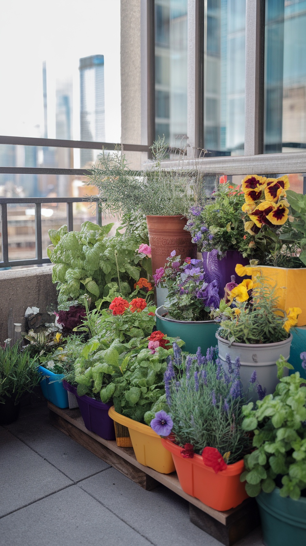 A colorful container garden on a balcony with various plants and flowers in pots, showcasing a vibrant urban gardening solution.