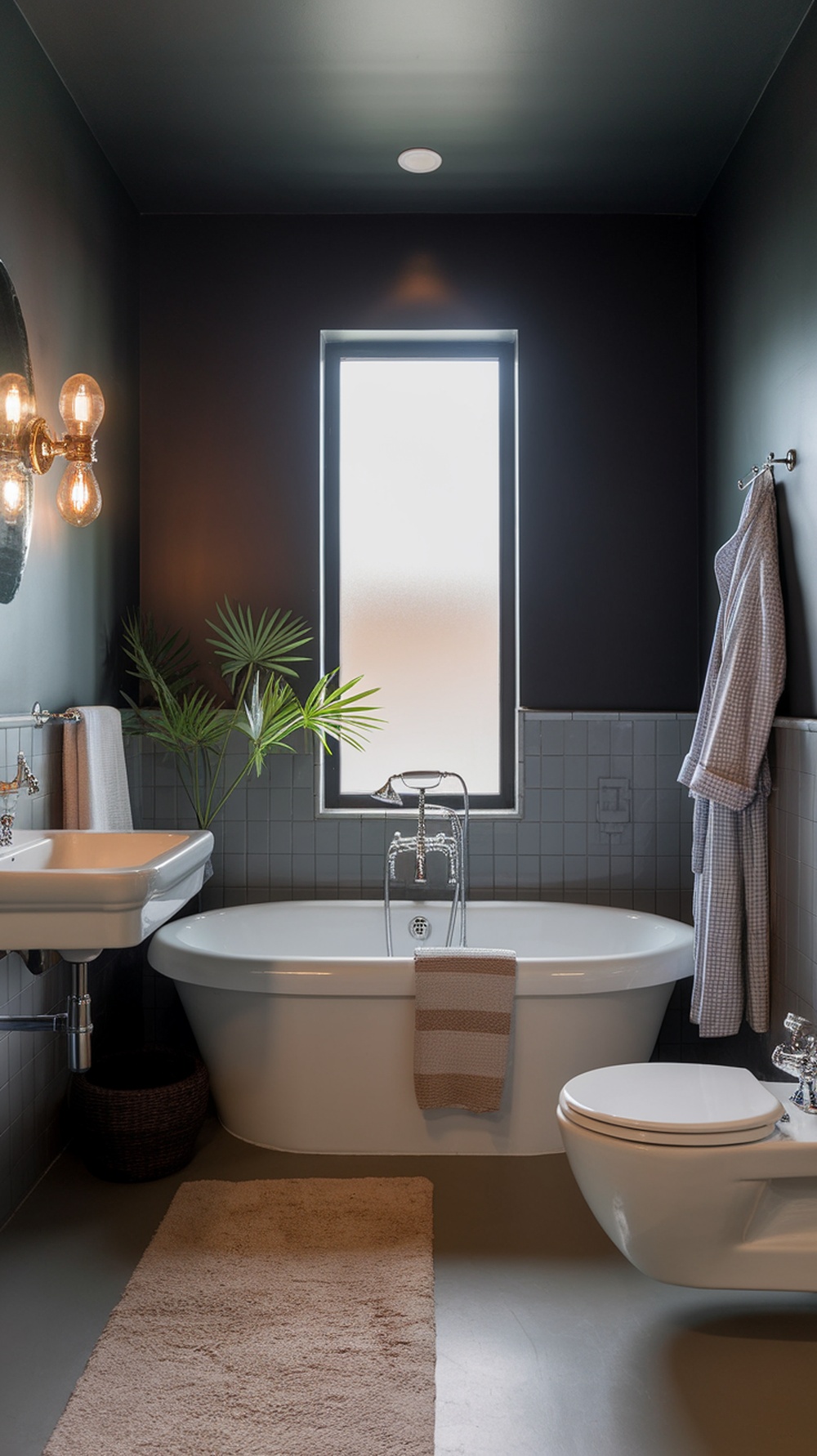 A modern bathroom featuring charcoal gray walls, a white bathtub, and natural light from a window.
