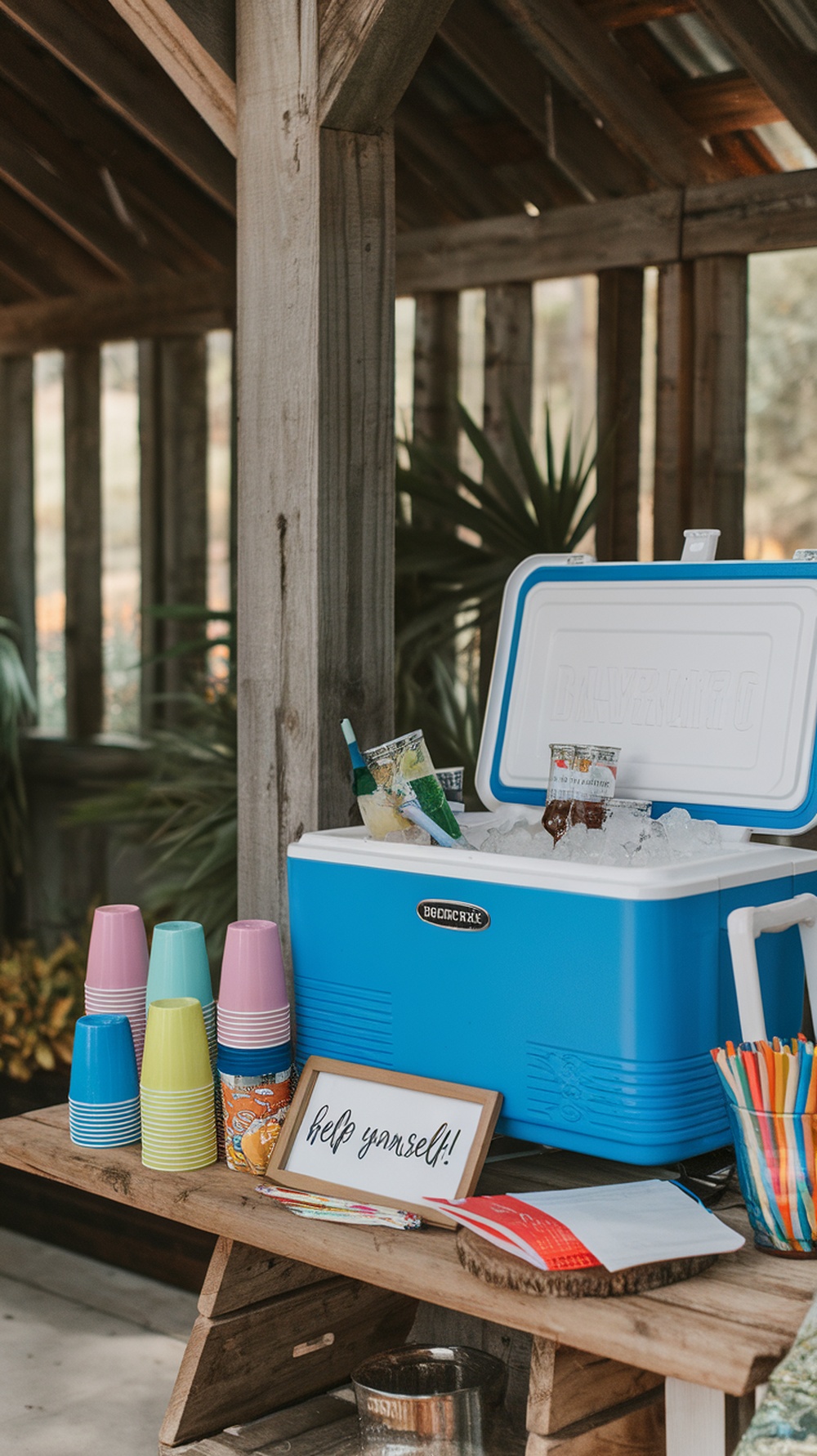 A blue cooler filled with ice and drinks, with colorful cups on top, labeled as a beverage station.