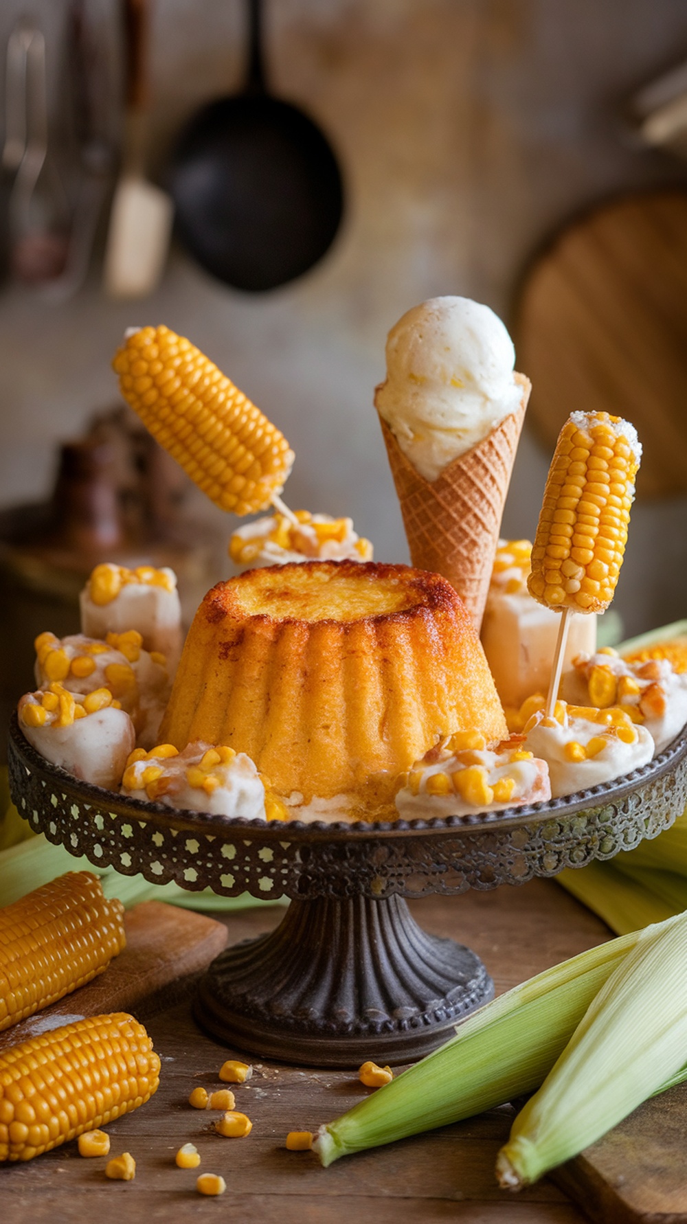 A decorative dessert display featuring a corn cake, ice cream cones, and corn on the cob treats, showcasing the versatility of corn in sweet dishes.