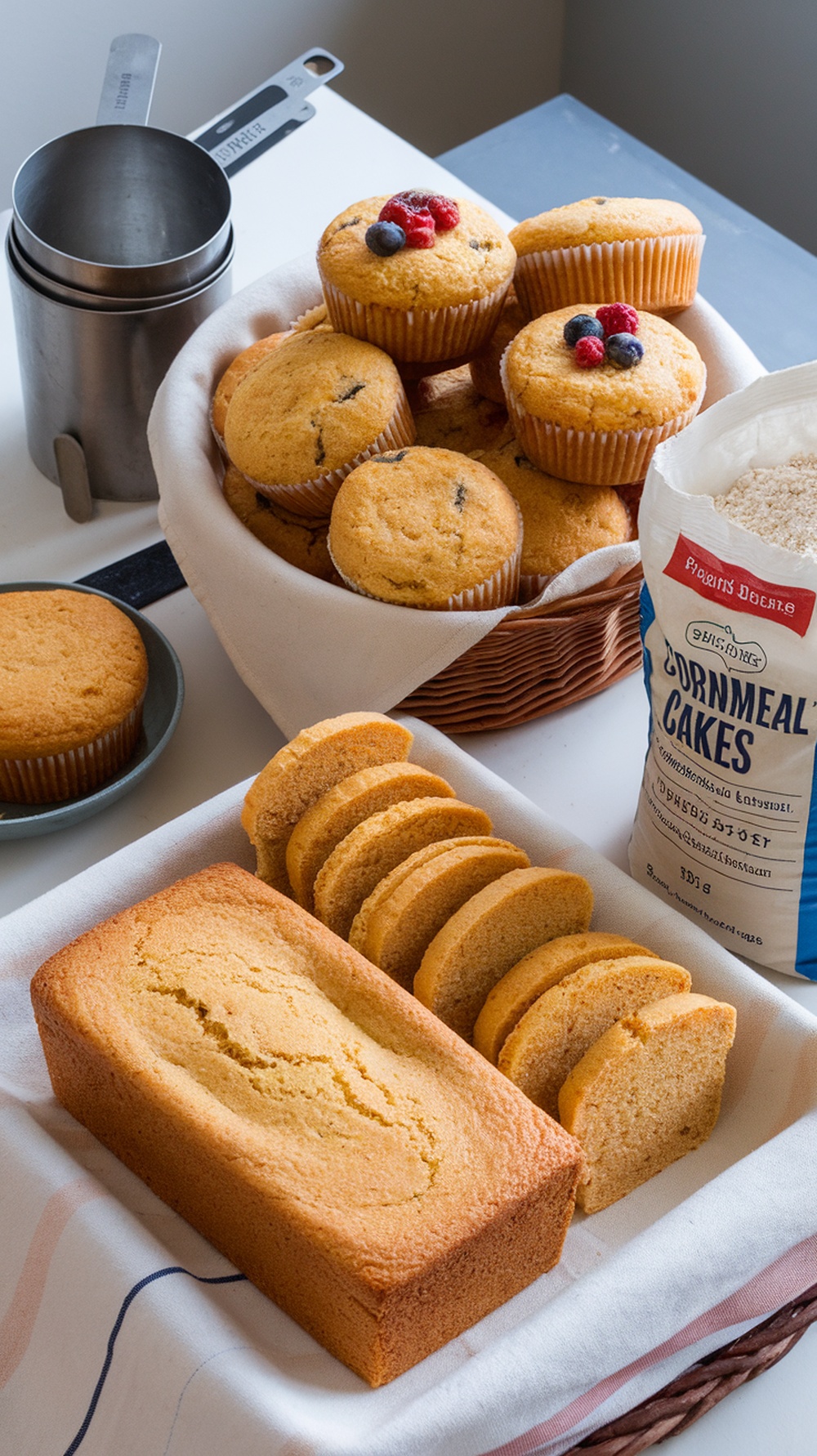 A basket of muffins and a loaf of cornmeal cake with a bag of cornmeal flour.