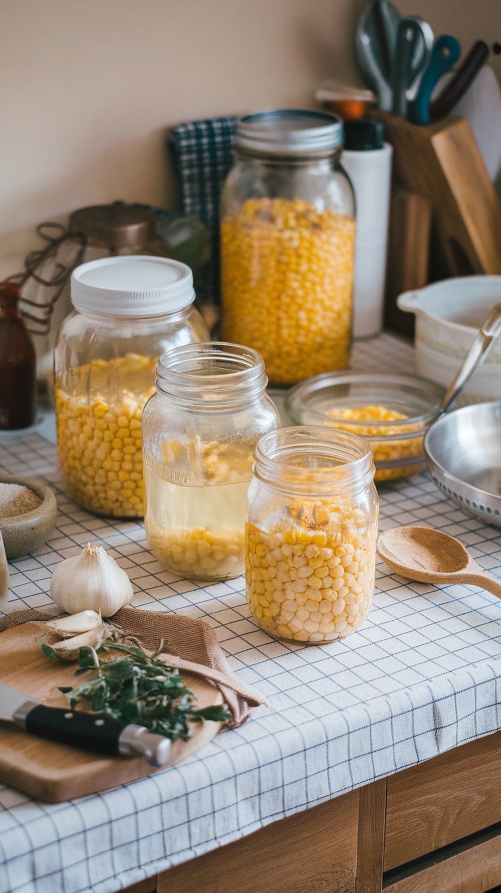 Jars of corn kernels prepared for fermentation on a kitchen counter.