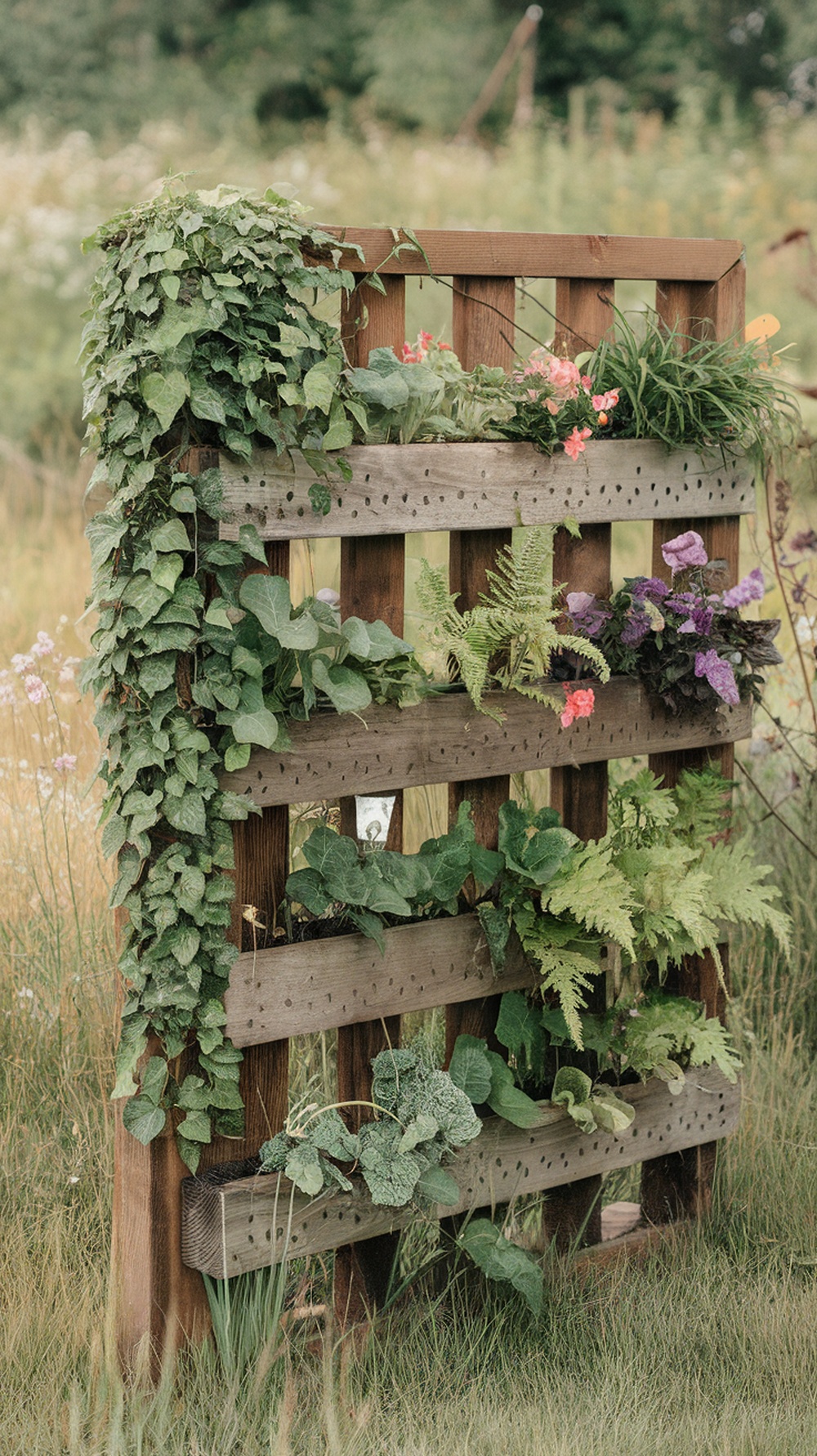 A wooden structure filled with various plants and flowers, showcasing a cost-effective living fence solution.