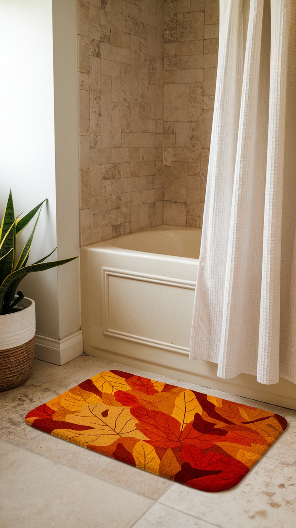 A cozy bath mat with autumn leaves design in a bathroom setting.