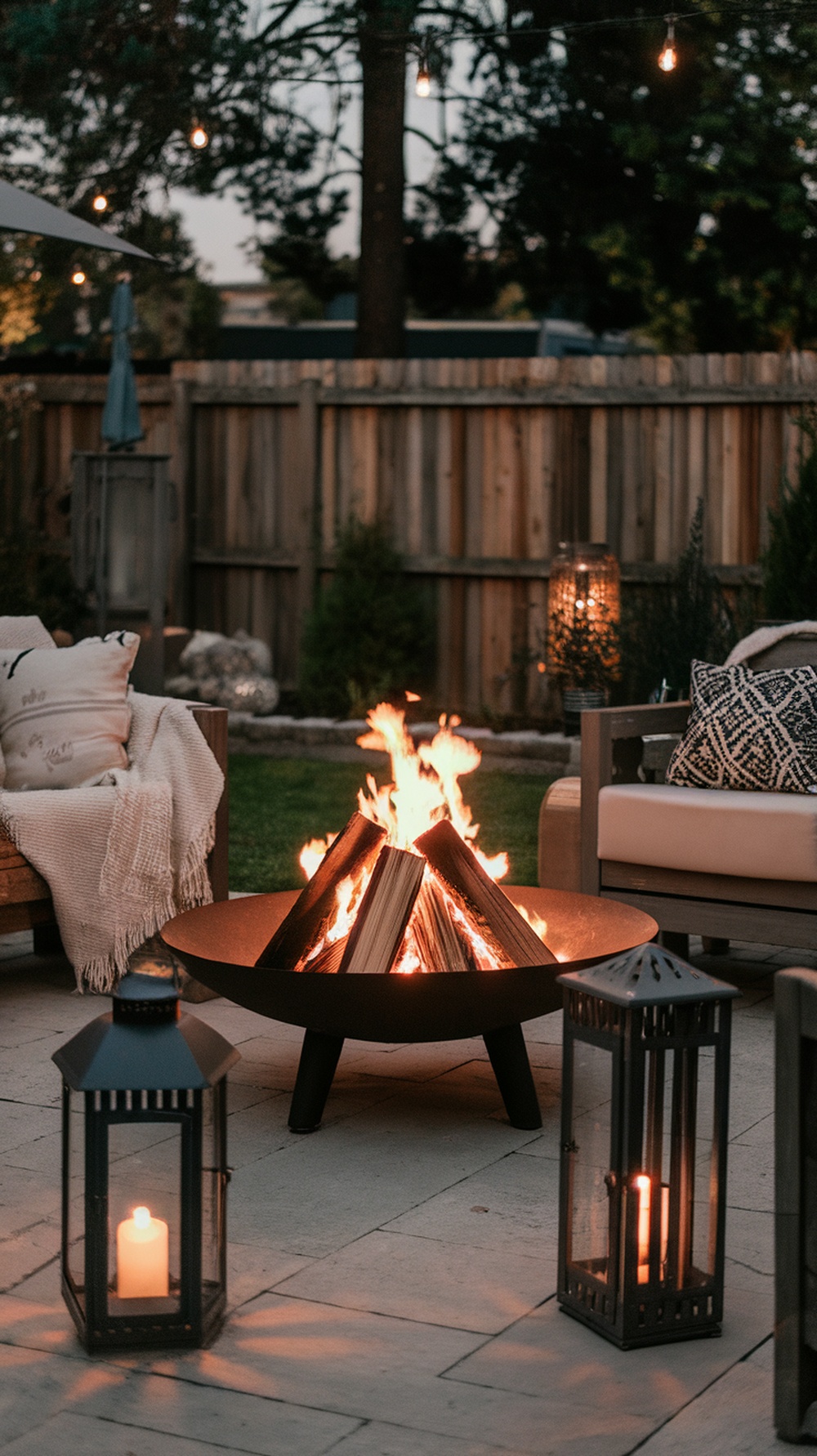 Cozy fire pit area with seating, blankets, and lanterns.