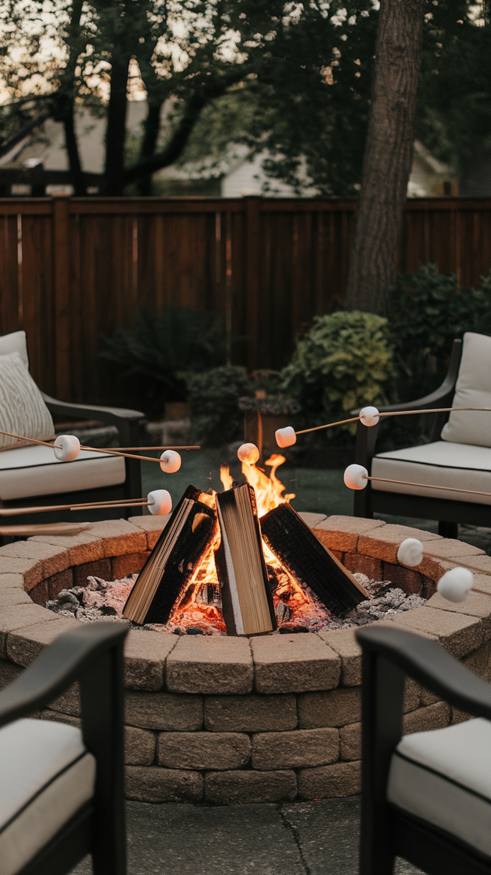 A cozy fire pit area with chairs and marshmallows roasting over the fire.