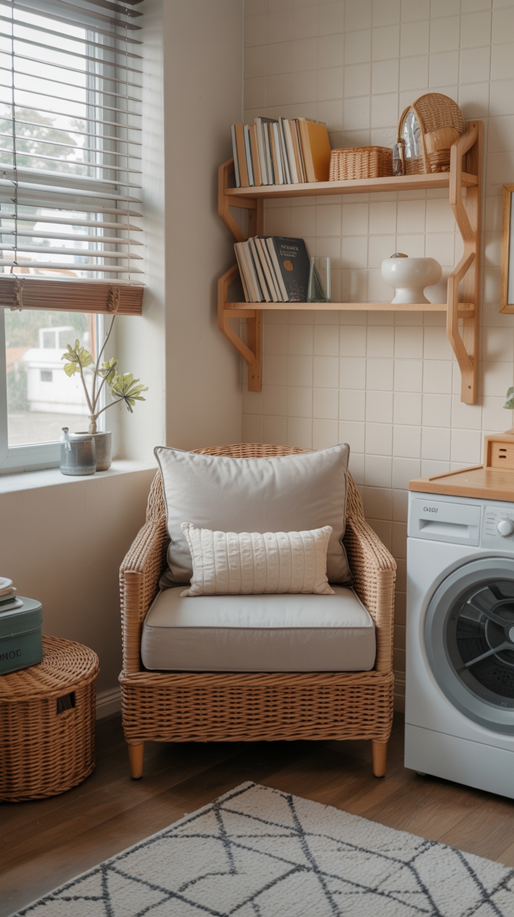 Cozy laundry room nook with a wicker chair, cushions, and open shelves.