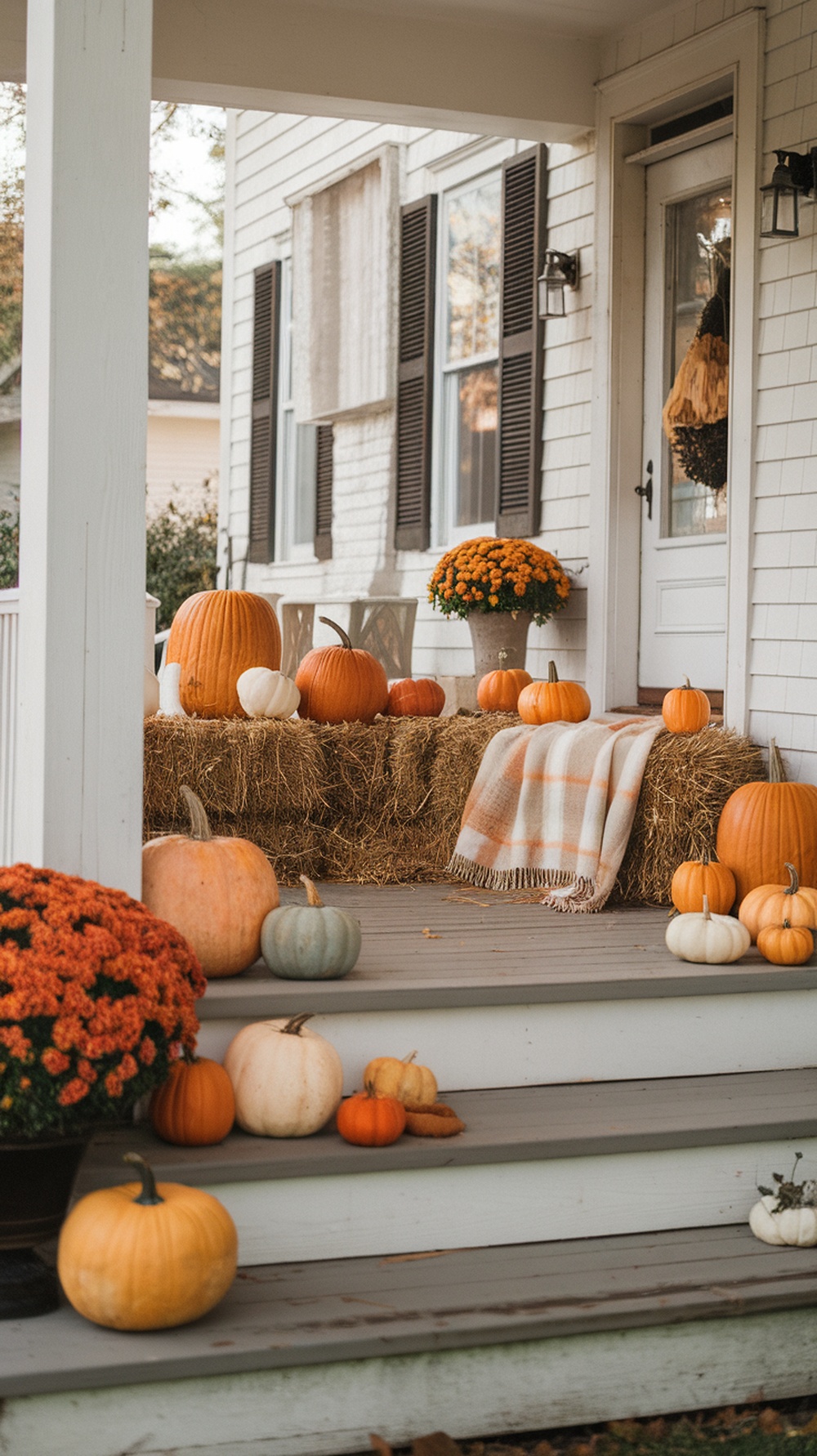 A cozy fall front porch decorated with pumpkins, hay bales, and orange mums.