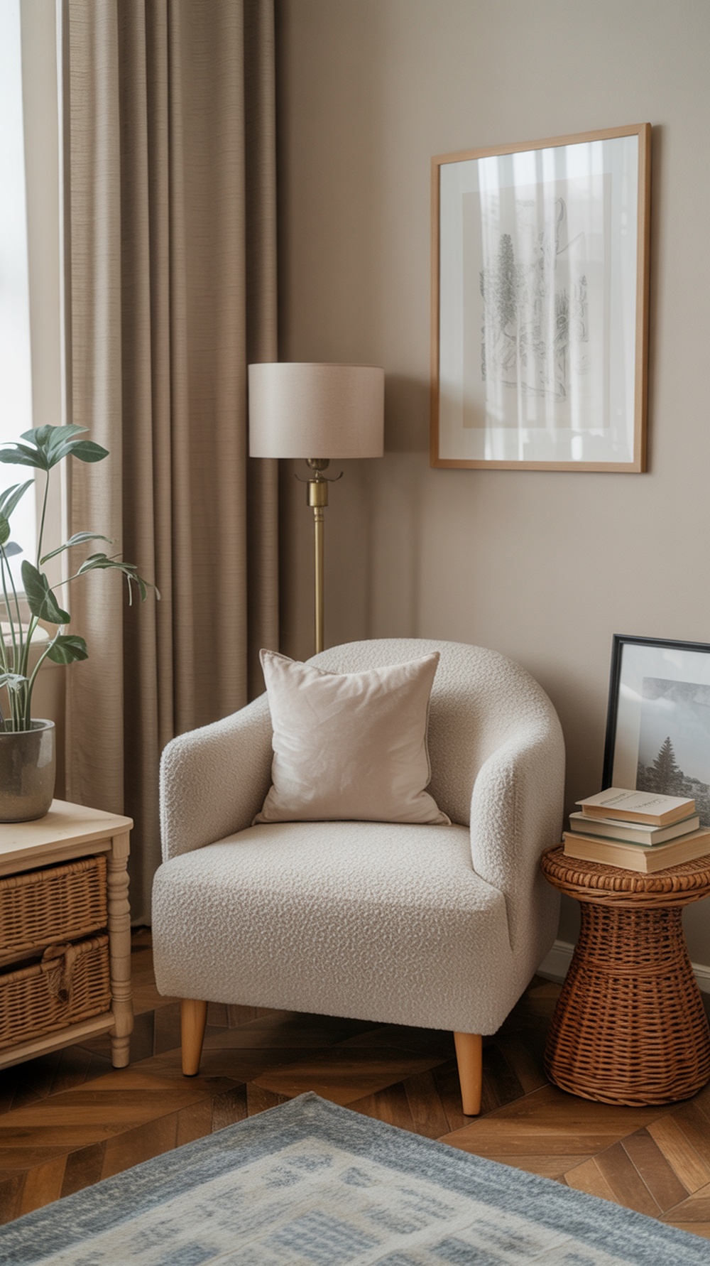 Cozy reading nook with a comfortable armchair, side table, and books.