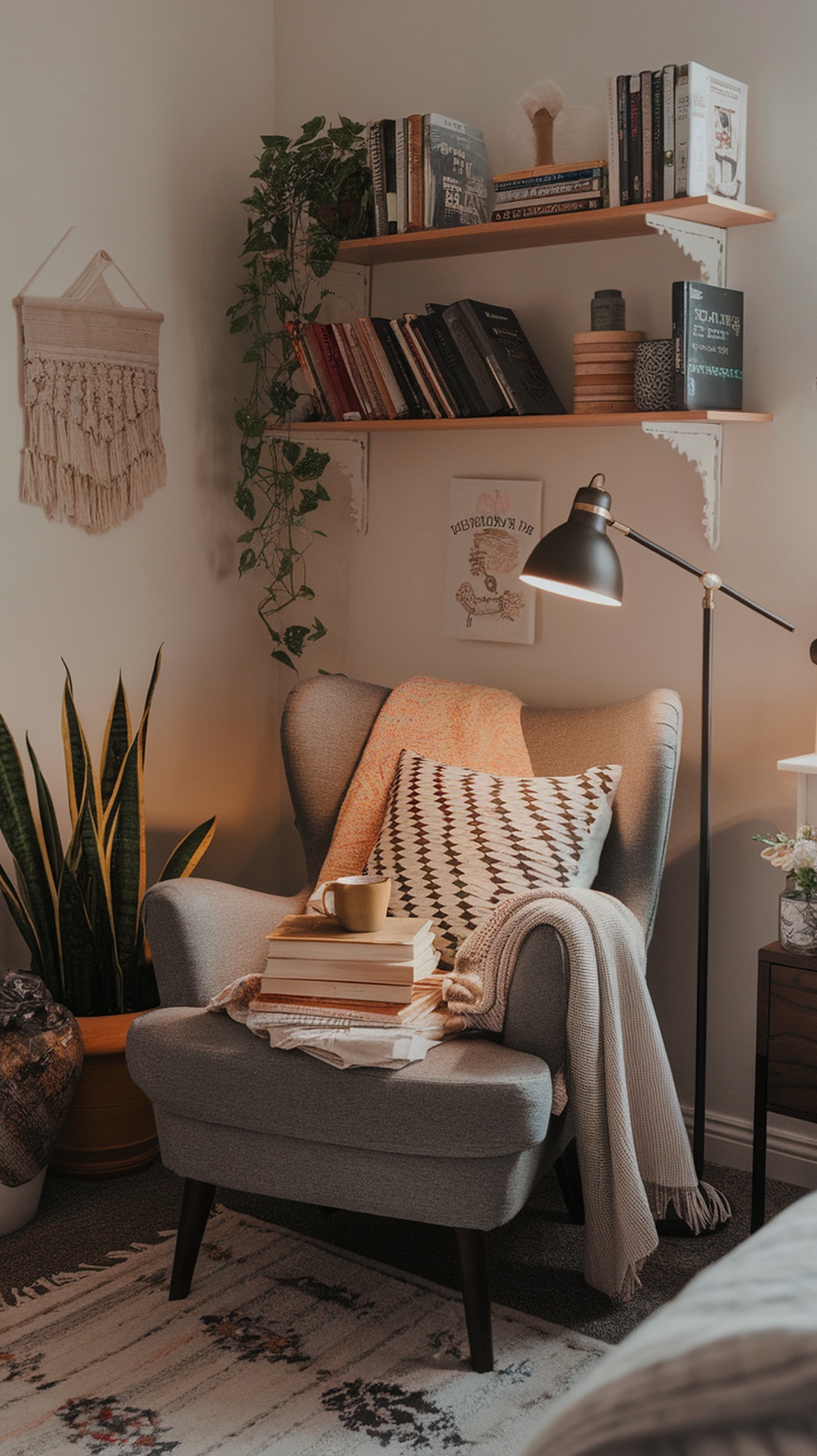 Cozy reading nook with an armchair, books, and warm lighting