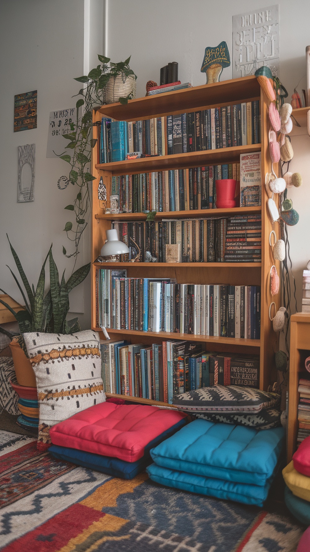 A cozy reading nook with colorful floor cushions and a bookshelf filled with books.