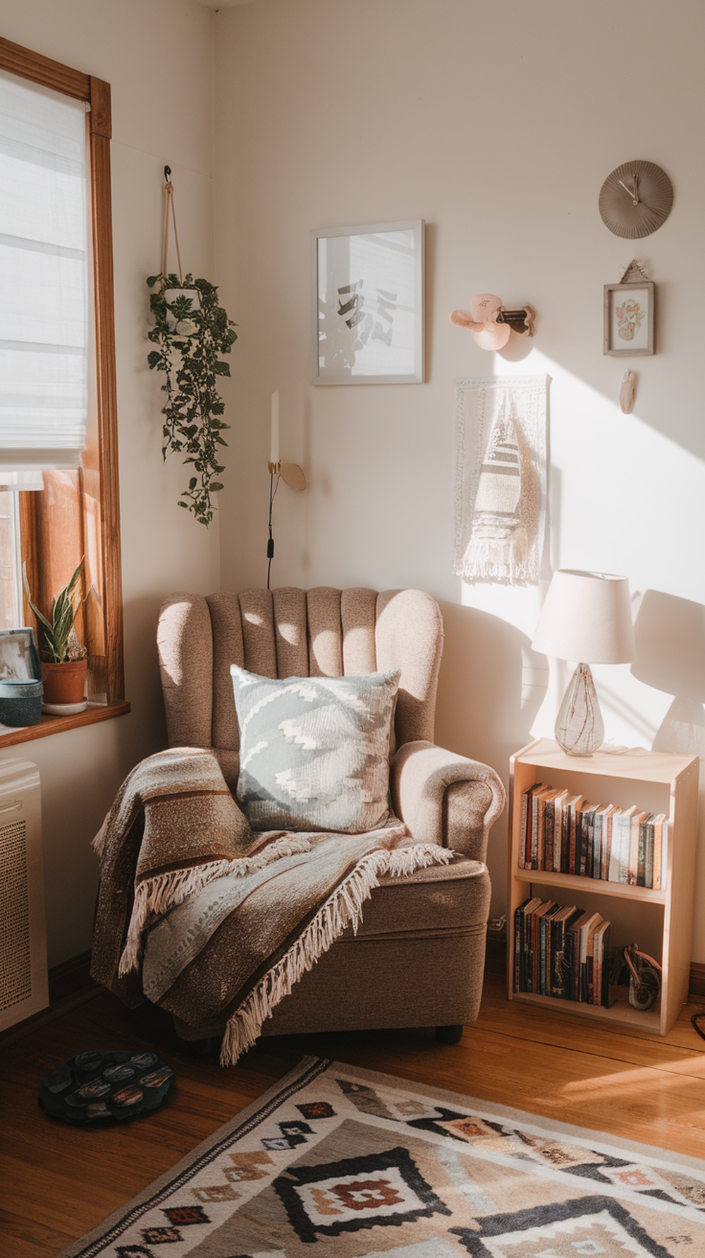 A cozy reading nook featuring a plush armchair, soft textiles, a small bookshelf, and natural light.