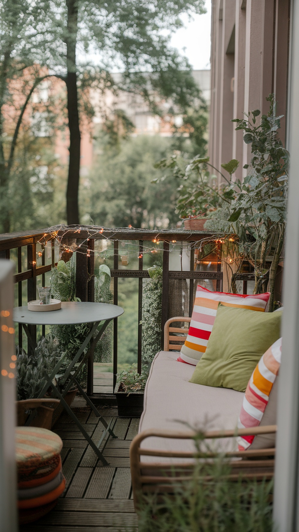 A cozy balcony seating arrangement with colorful cushions, a small table, and plants.