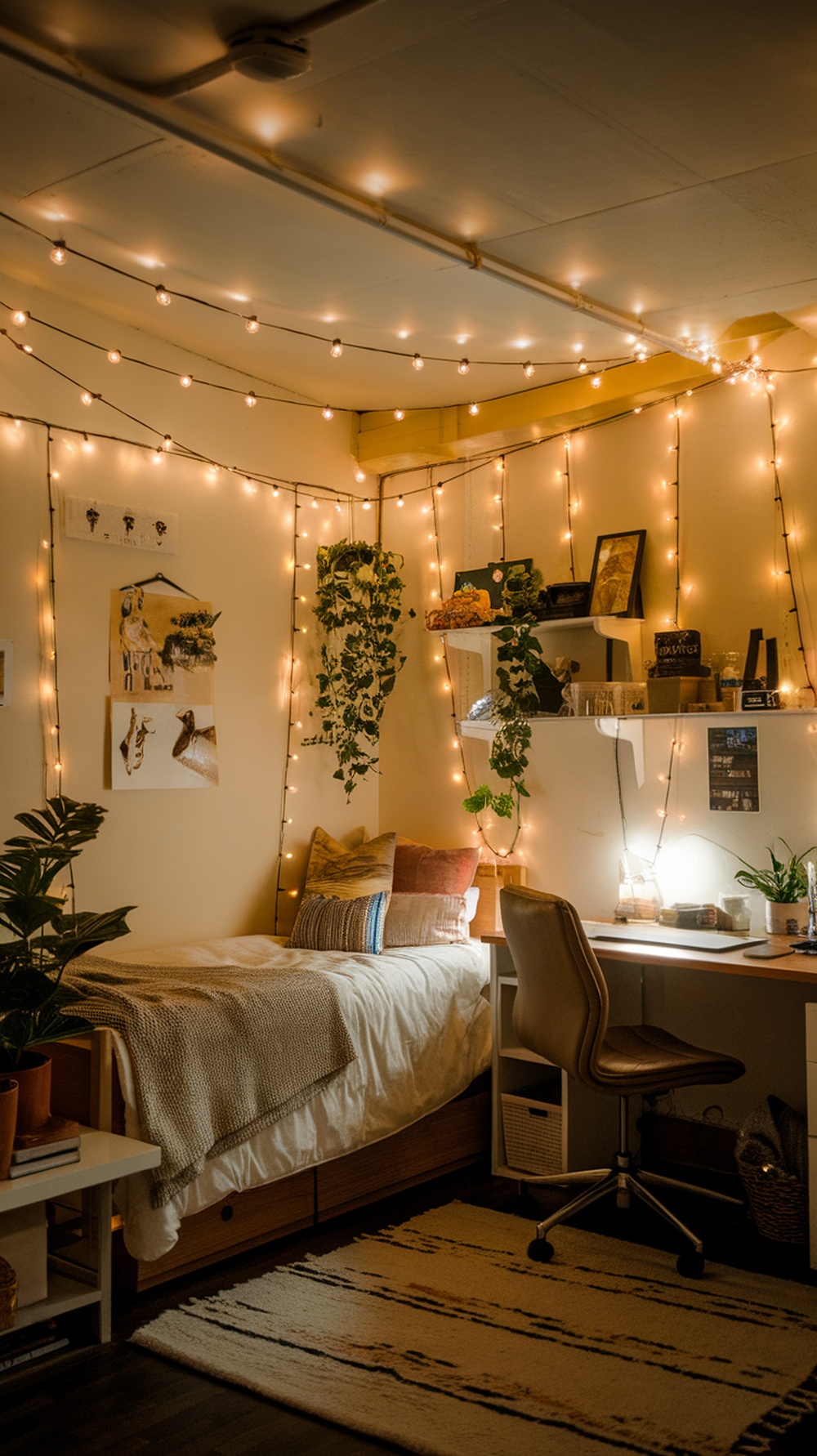 A cozy dorm room with string lights, plants, and a neatly made bed.