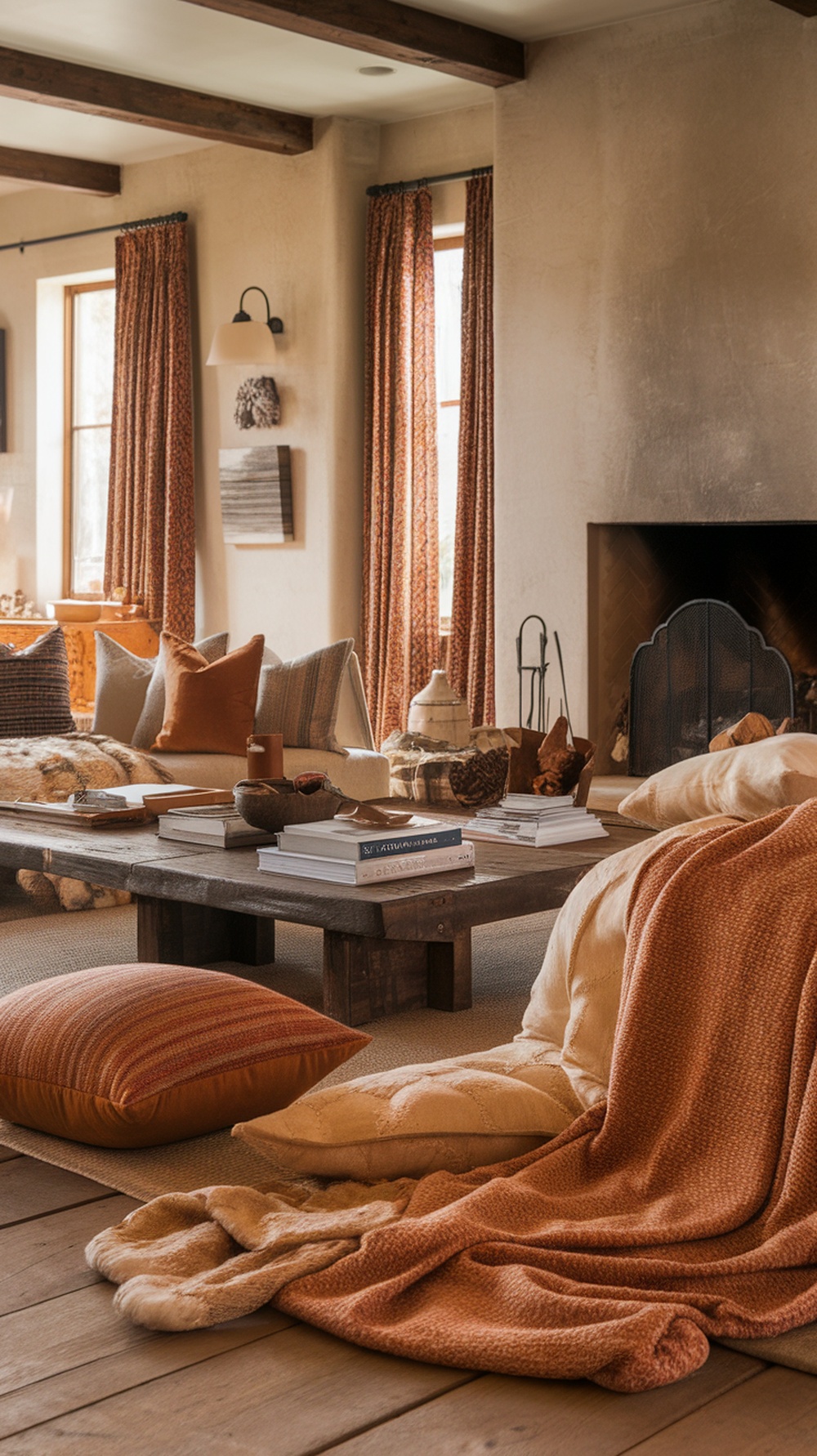 A cozy living room decorated with warm autumn textiles, including blankets and pillows in orange and brown hues.