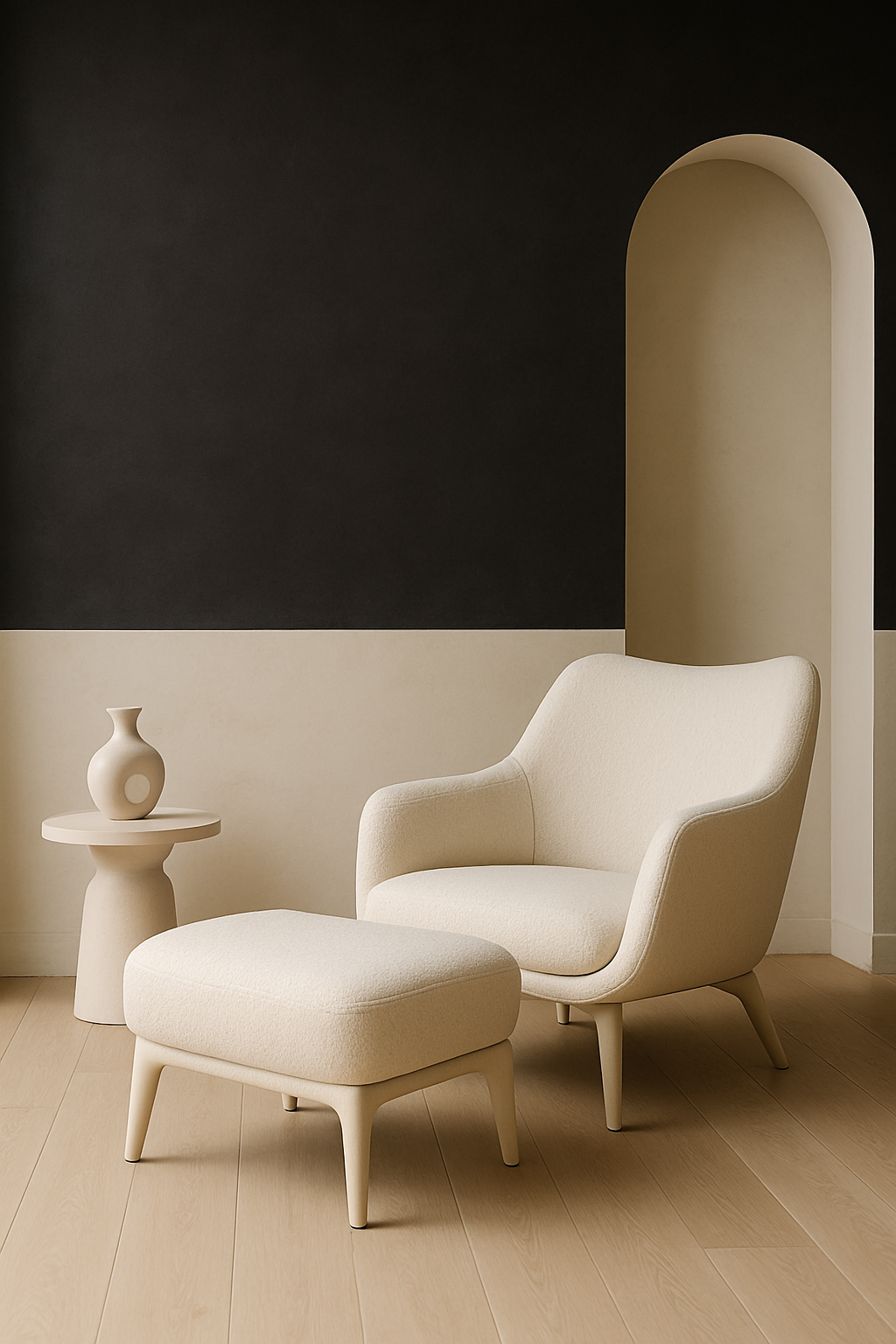 A cream-colored armchair and ottoman in a minimalist setting with light wood flooring and a dark wall.