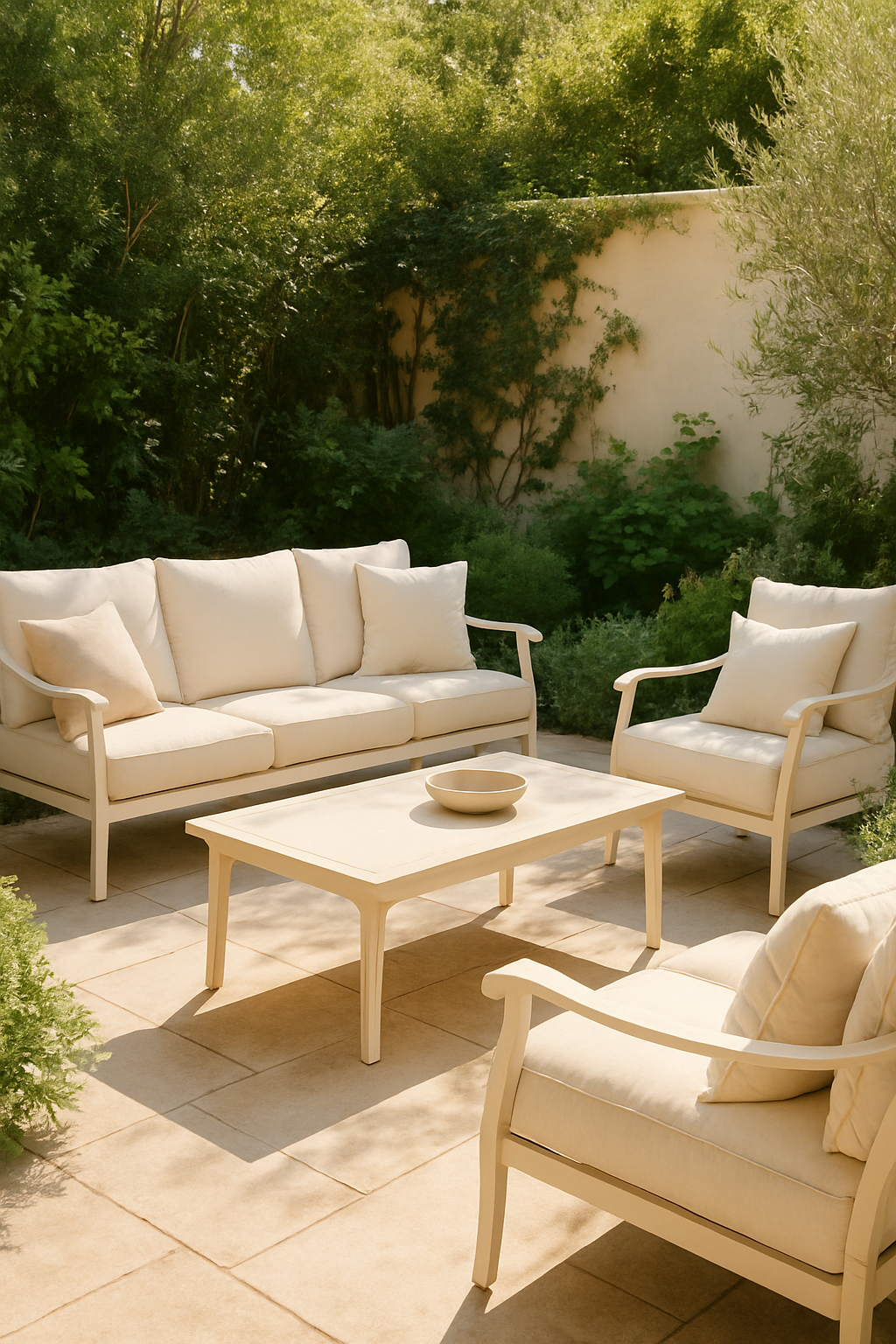 Cream-colored outdoor furniture set with a sofa, chairs, and a table surrounded by greenery.