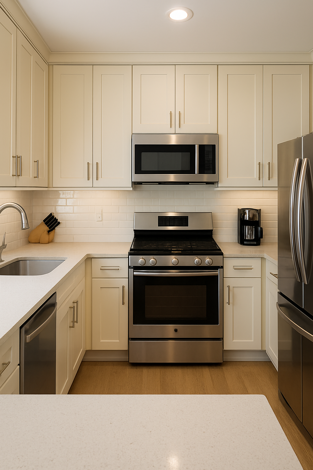 A modern kitchen featuring cream-colored cabinets and stainless steel appliances.