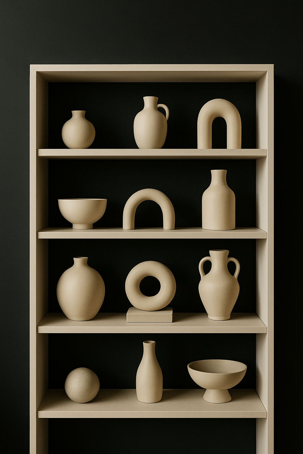 A collection of cream-colored vases and decor items on a shelf against a dark background.