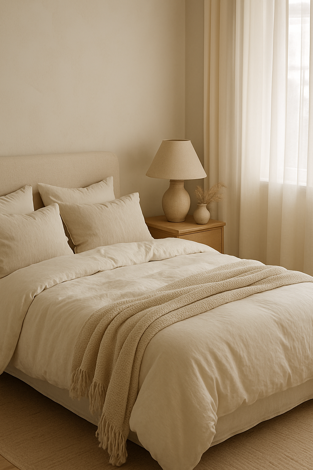 A tranquil bedroom featuring cream bedding, soft pillows, and warm lighting.