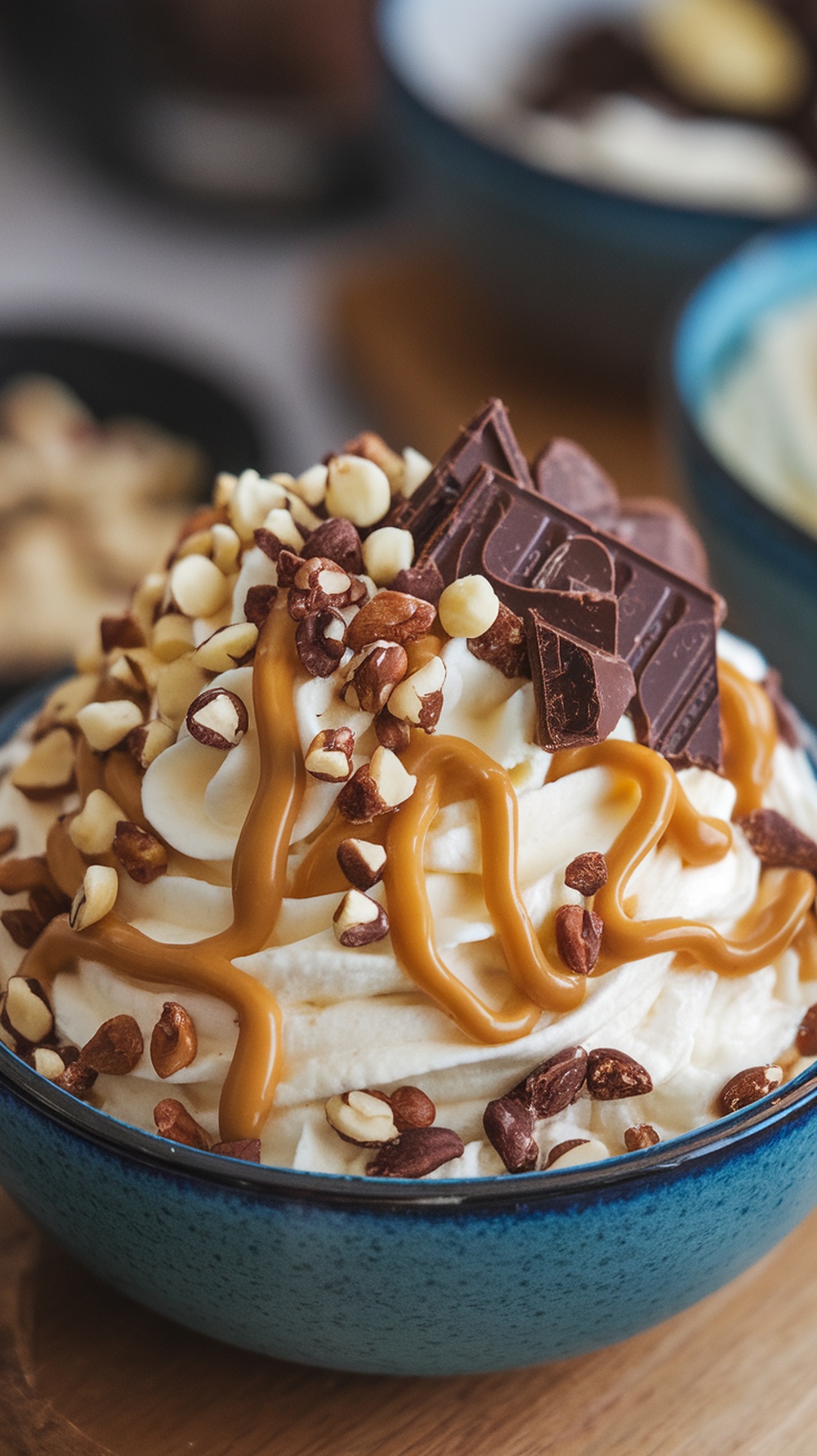A bowl of cream cheese frosting topped with nuts and caramel drizzle, perfect for pumpkin spiced cake.