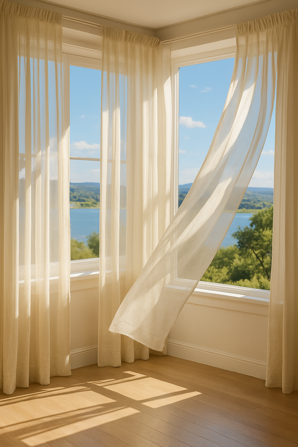Light and airy room with cream curtains blowing in the breeze, showcasing a beautiful view outside.