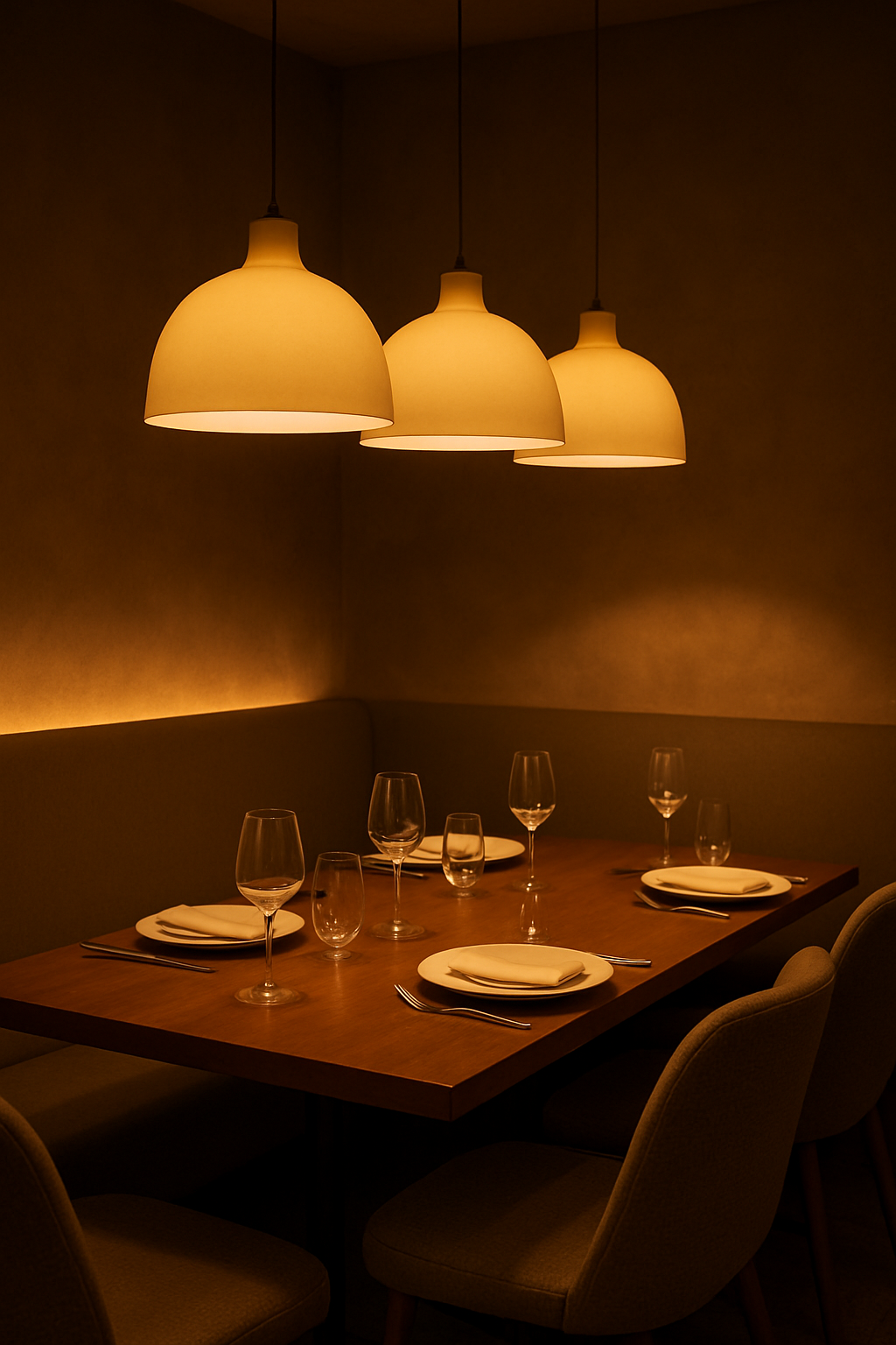 Three cream-colored pendant lights hanging above a dining table, creating a warm and inviting atmosphere.