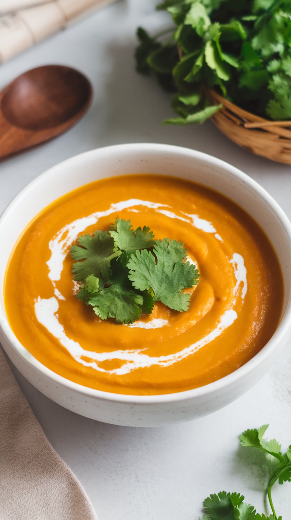 A bowl of creamy coconut butternut squash soup topped with cilantro and a swirl of coconut cream.