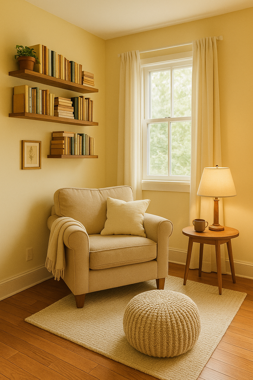 A cozy room with soft yellow tones, featuring a comfortable chair, wooden table, and bookshelves.