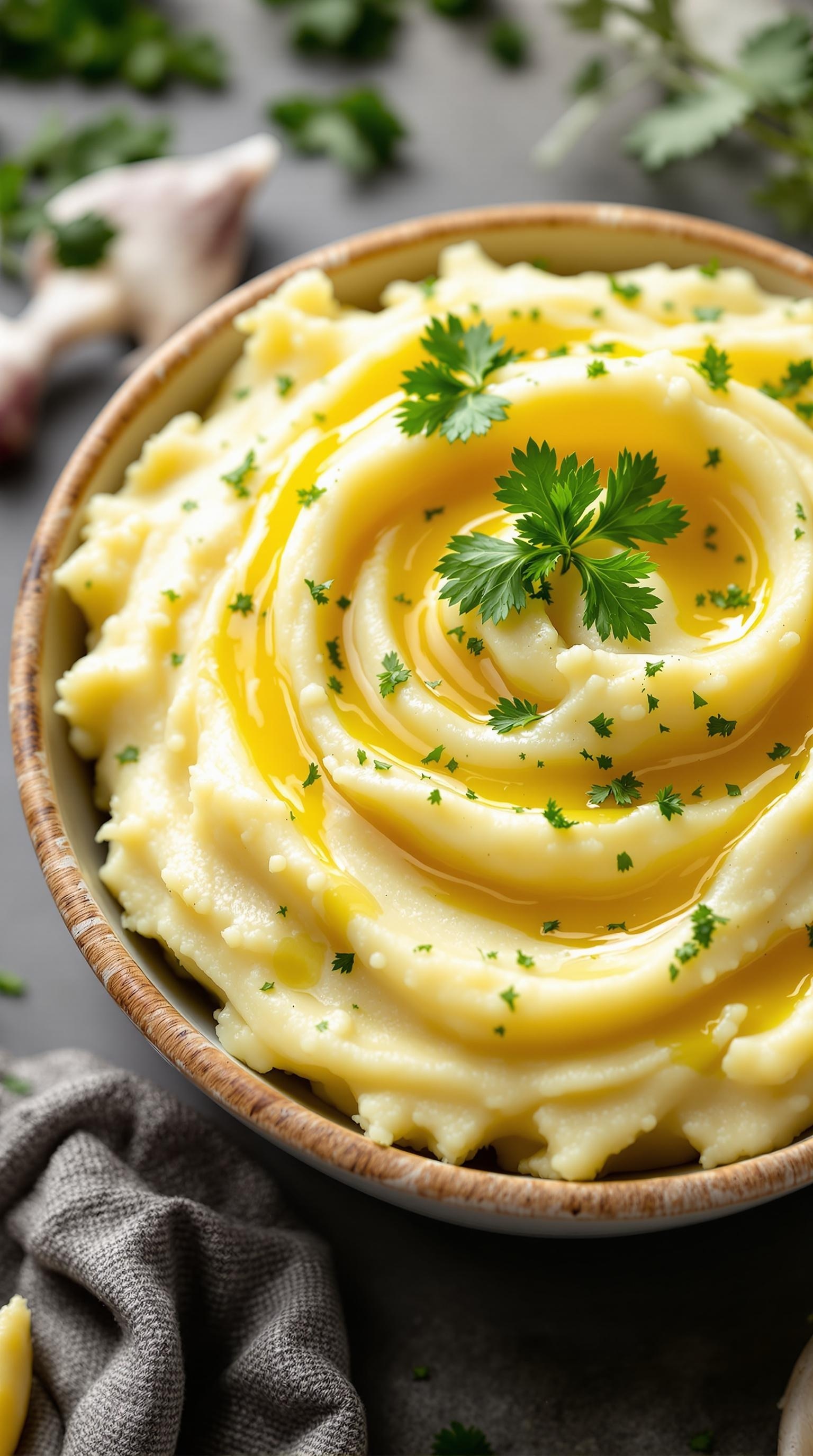 A bowl of creamy garlic mashed potatoes topped with olive oil and parsley.
