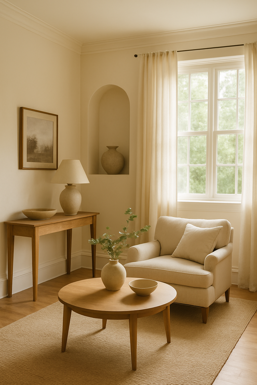 Cozy living room with creamy walls, wooden furniture, and soft textiles.