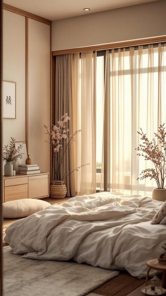 A calming Japandi style bedroom with soft bedding, wooden accents, and natural light.