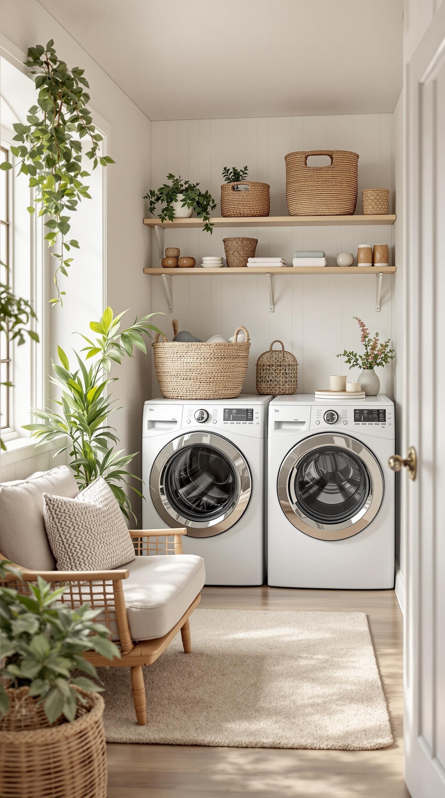 A cozy laundry room featuring modern appliances, plants, and decorative storage.