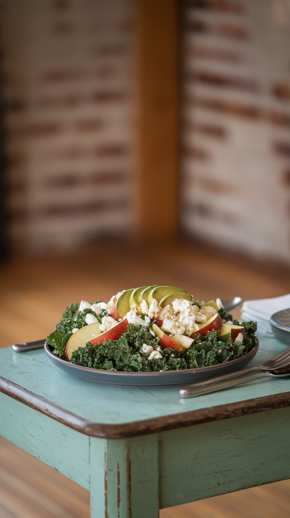 A colorful kale apple salad with sliced apples, cheese, and avocado on a rustic table.