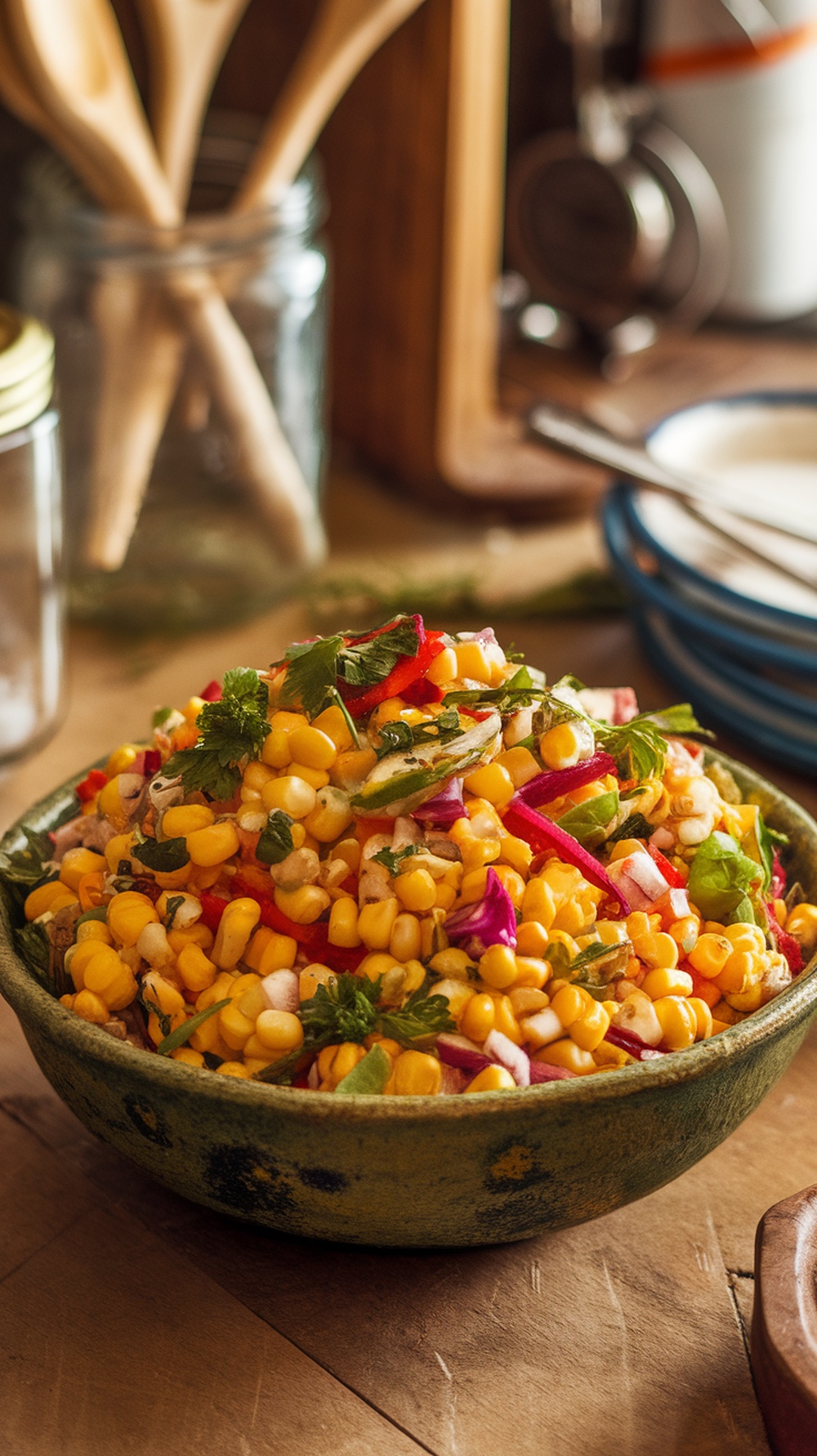 A colorful corn salad with corn, red peppers, onions, and herbs in a green bowl.