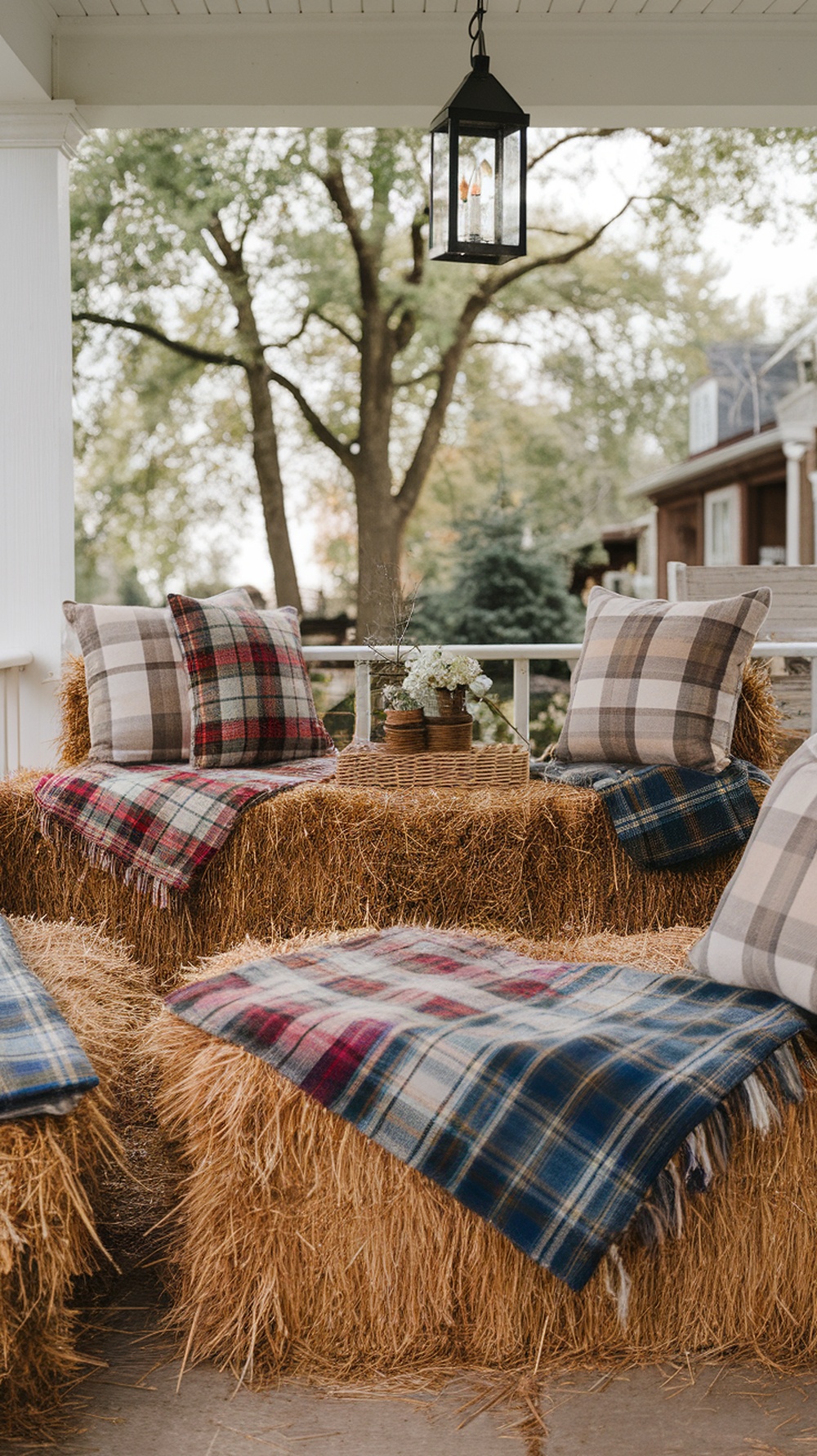 A cozy fall front porch with hay bale seating, plaid blankets, and decorative flowers.