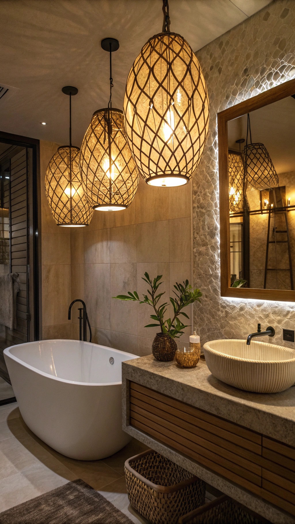 A stylish bathroom with pendant lights hanging from the ceiling, showcasing creative lighting options.