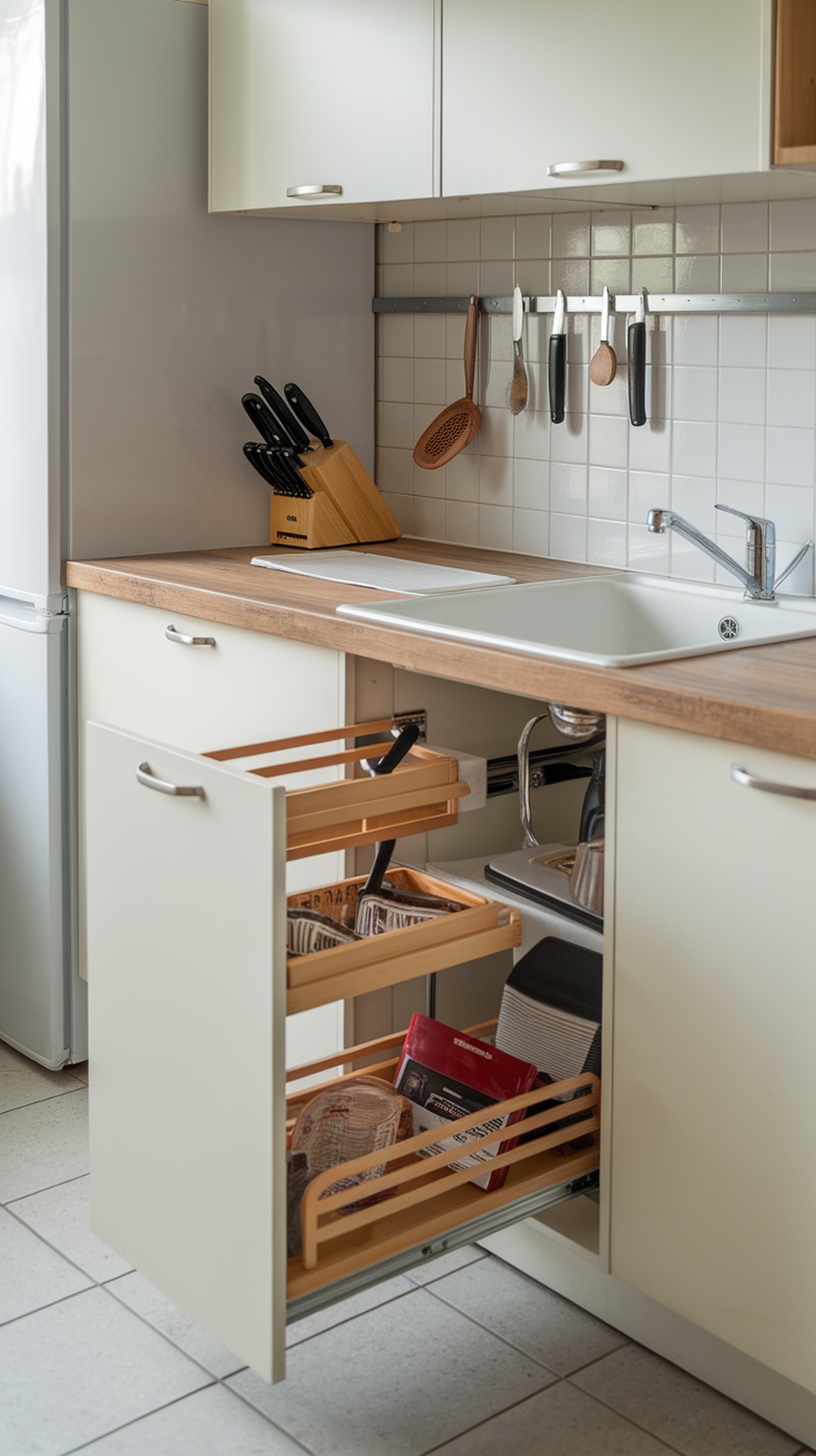 A small kitchen with pull-out drawers and a magnetic strip for utensils.