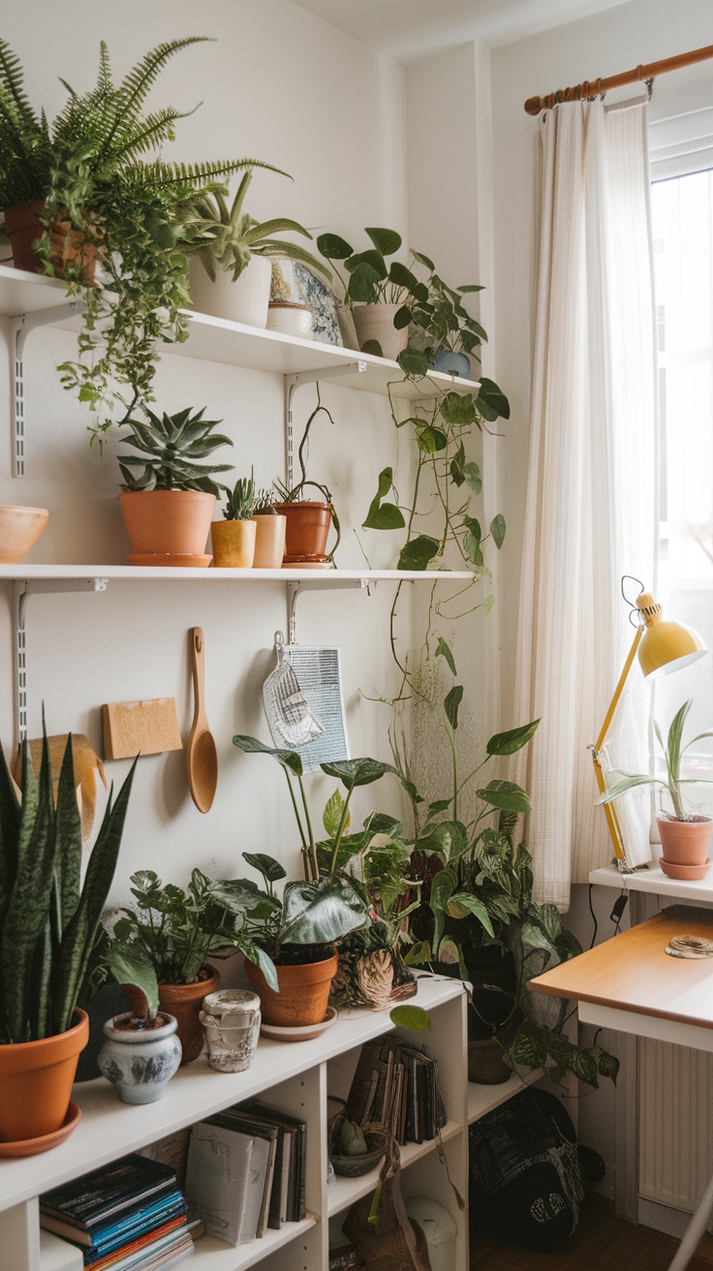 A cozy dorm room corner filled with various plants on shelves, showcasing a mix of pots and greenery.