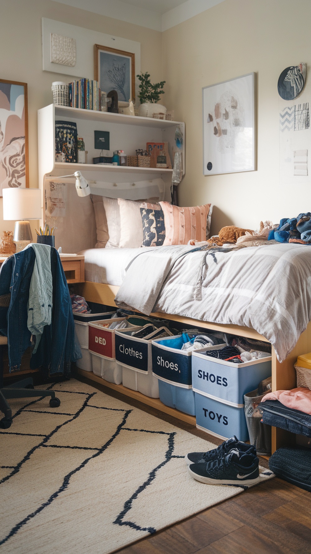 A cozy dorm room featuring a bed with under-bed storage, a desk, and a bookshelf.