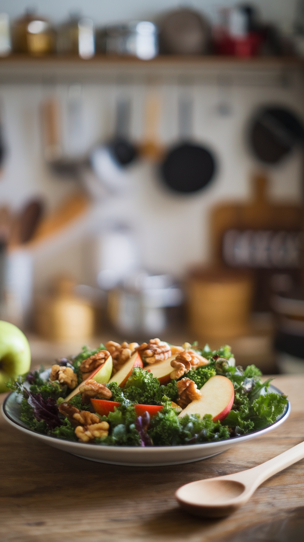 A vibrant kale apple salad with sliced apples and walnuts on a wooden table.