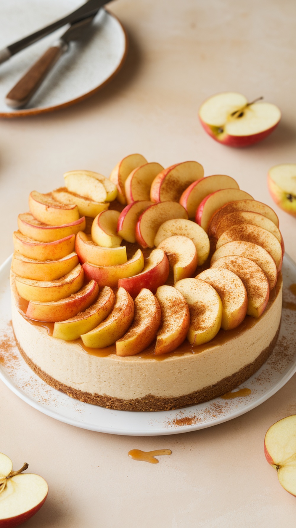A caramel apple cheesecake topped with thinly sliced apples and a drizzle of caramel sauce.