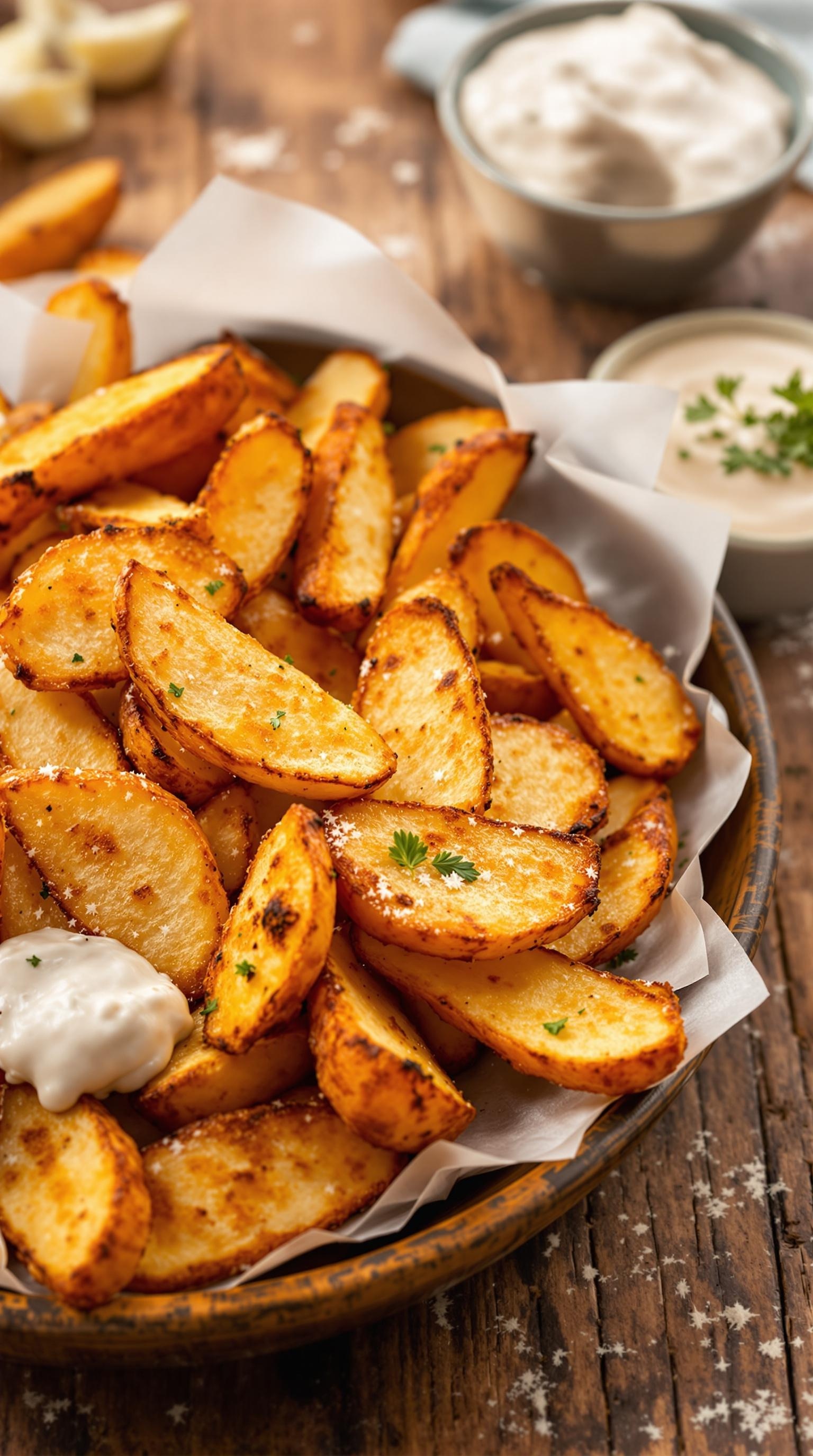 A bowl of crispy roasted potato wedges with dipping sauce