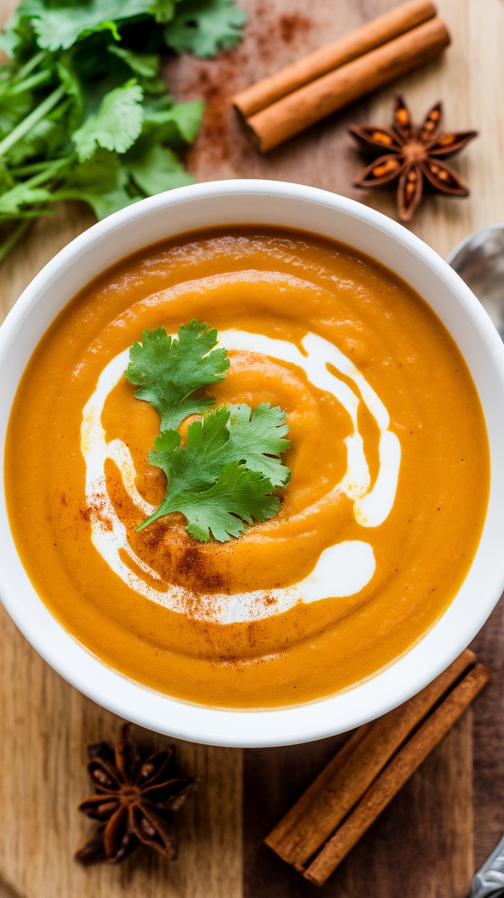 A bowl of curried butternut squash soup topped with cilantro and a swirl of cream, surrounded by cinnamon sticks and star anise.