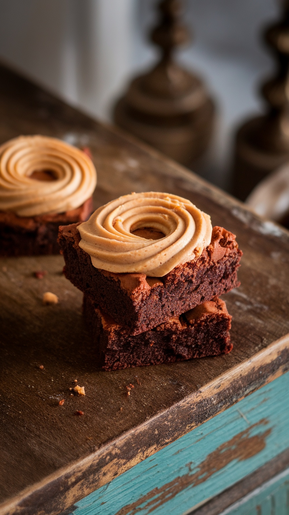 A stack of peanut butter swirl brownies topped with creamy frosting on a rustic wooden surface.