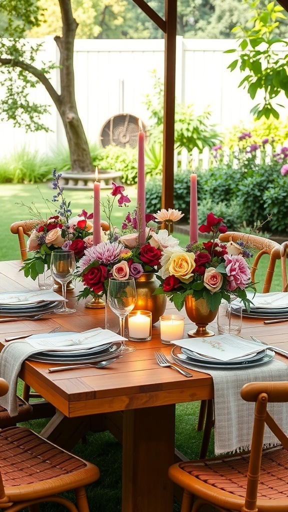 Colorful vases with flowers and candles as table centerpieces for a backyard party